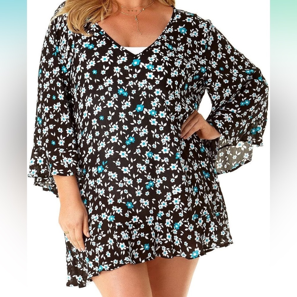 Anne Cole Black and Blue Swim Coverup with V-Neckline
